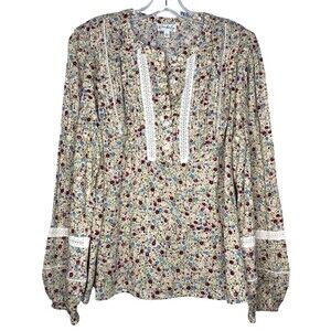 Wonderly Blouse Women Large Floral Beige Lace Insets Peasant Top Long Sleeve